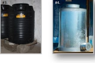 Four options to store grain including a black plastic bin, steel silo, heavy plastic bag and traditional hut
