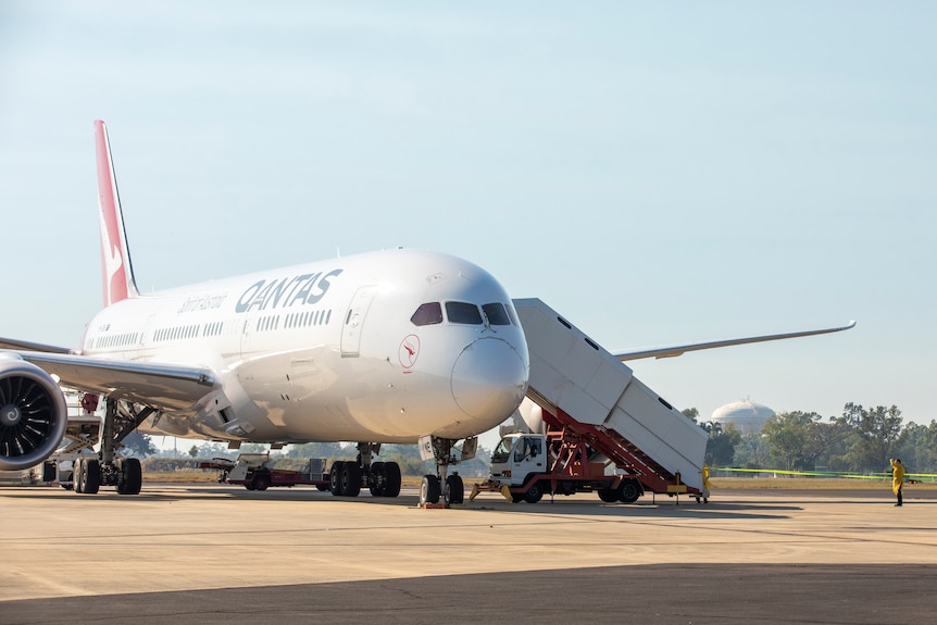 A Qantas plane on the tarmac at Darwin's RAAF base. 