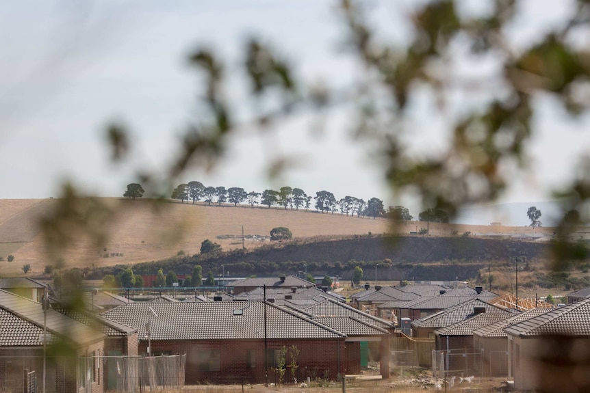 A hillside with roof tops in the Melbourne suburb of Mernda.