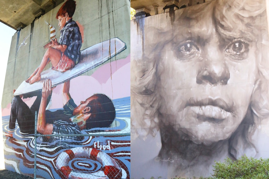 Fintan Magee's Flood and Guido van Helten's indigenous piece have both drawn attention on pillars in South Brisbane.