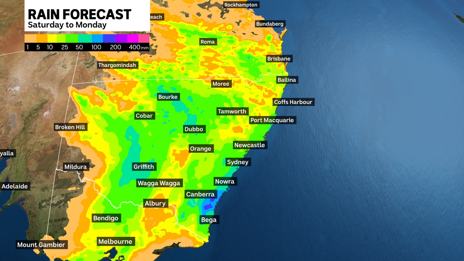 a weather map showing rain forecast over new south wales from saturday to monday in may