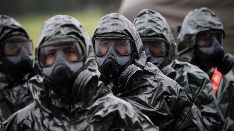 Brazilian Army’s Chemical, Biological, Radiological and Nuclear (CBRN) 1st Defense Battalion personnel drill a decontaminating operation