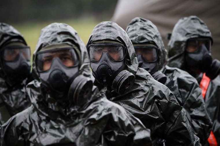 Brazilian Army’s Chemical, Biological, Radiological and Nuclear (CBRN) 1st Defense Battalion personnel drill a decontaminating operation