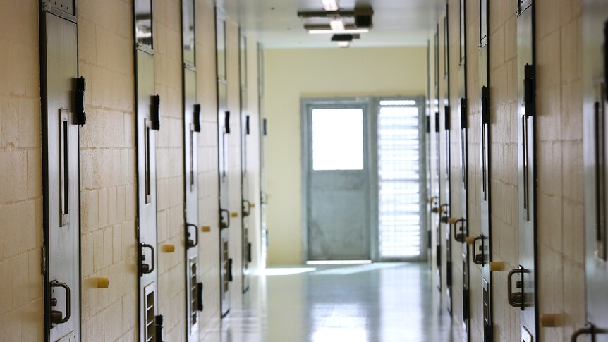 A corridor inside a jail with locked doors.