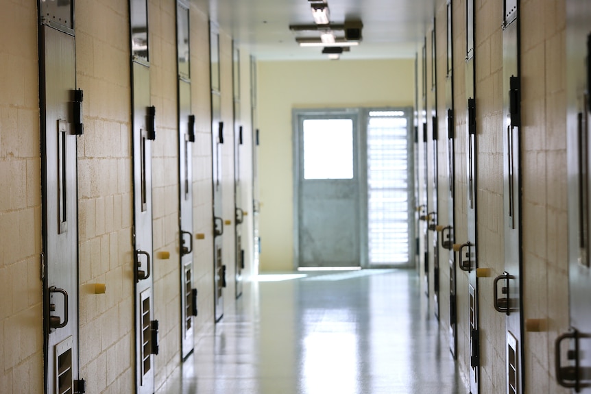 A corridor inside a jail with locked doors.