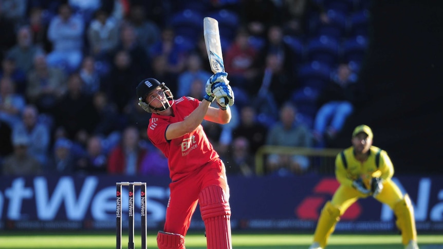 England batsman Jos Buttler hits a six off Mitchell Johnson in the fourth ODI in Cardiff.