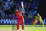 England batsman Jos Buttler hits a six off Mitchell Johnson in the fourth ODI in Cardiff.