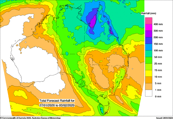 Map of Australia with GREEN and blue for northern QLD and the NT with a band of rain extending down into SA and VIC.