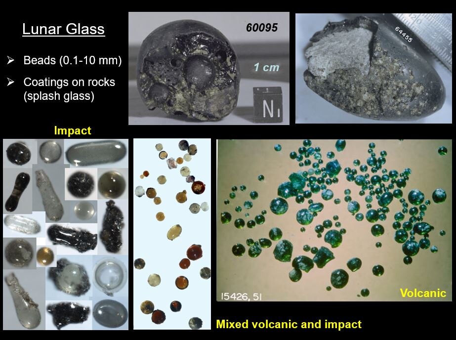 Different types of glass beads on the Moon. 