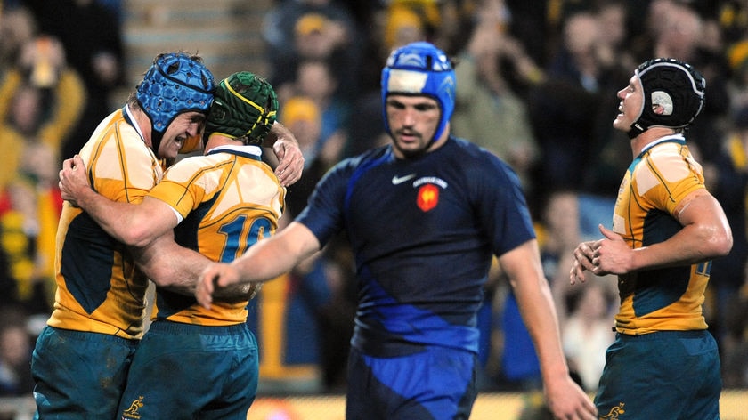 James Horwill (L) and Matt Giteau of the Wallabies celebrate Horwill's try