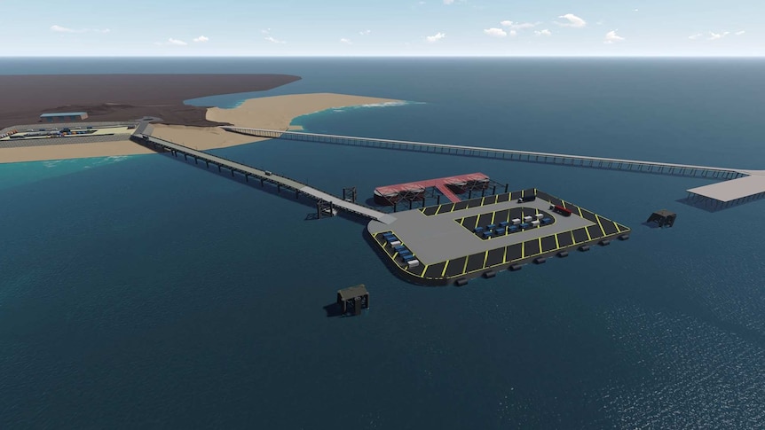 Concept graphic of a floating port at Broome. Blue waters, sky in the horizon.