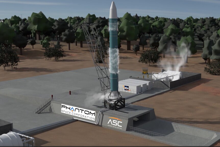 A visualisation of a rocket on a grey launch pad surrounded by red dirt and trees