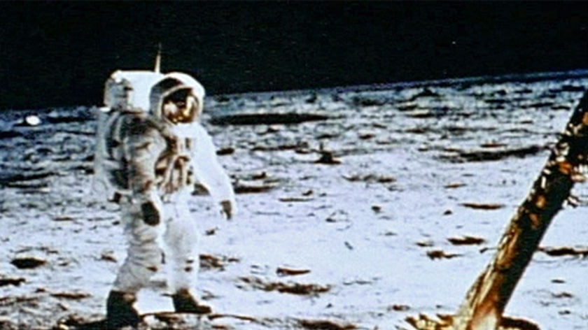 Buzz Aldrin takes his first steps on the moon.