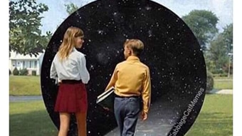 "When someone asks you to explain what a meme is and you start to explain." Two children walking towards a black hole.