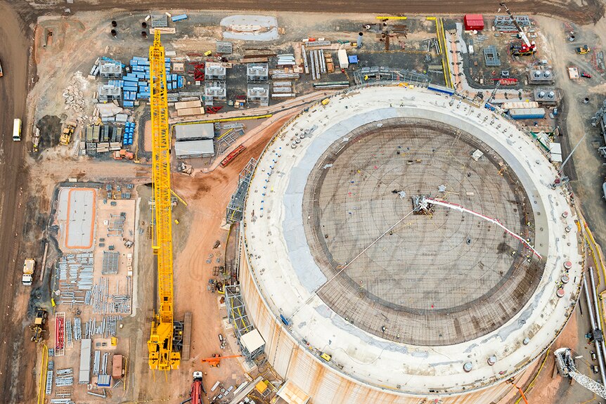 The roof on a gas tank nears completion at the INPEX Ichthys LNG project near Darwin.