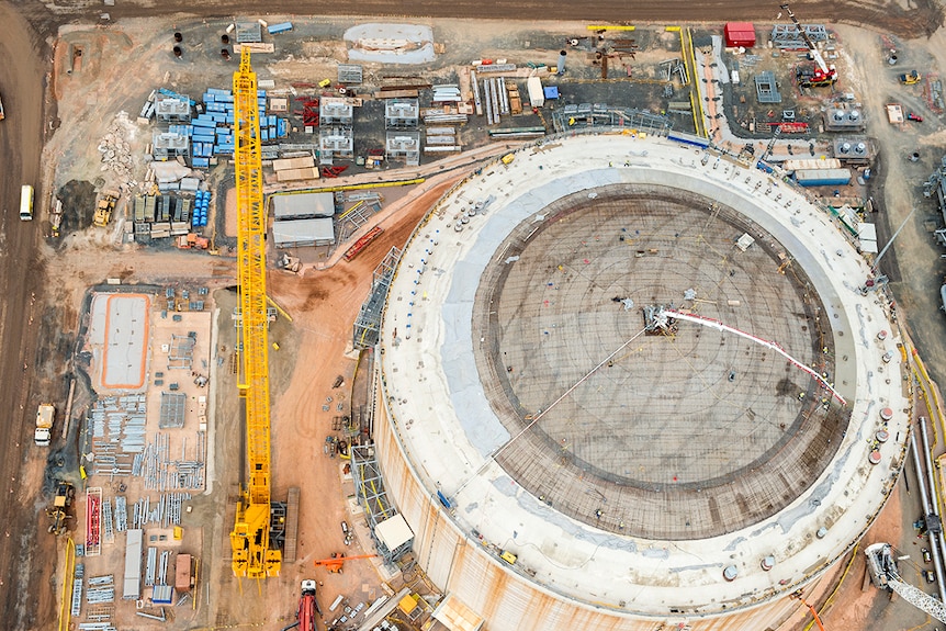 The roof on an gas tank nears completion at the Inpex Ichthys LNG project near Darwin.