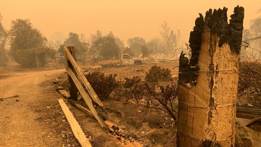 The burnt-out remains of a fence destroyed by fire, as a thick yellow haze hangs over.