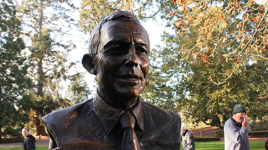 A photo shows a bronze portrait of former prime minister Tony Abbott.