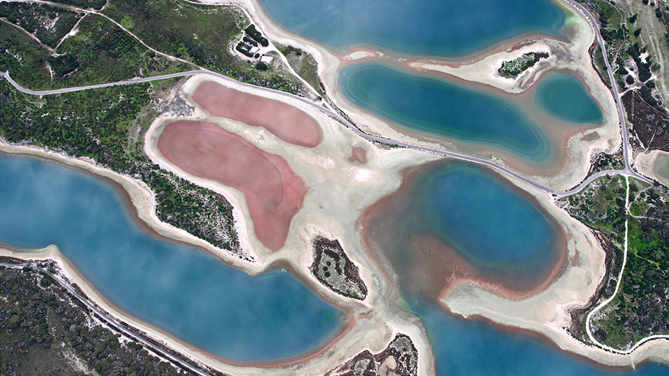An aerial photo showing the salt lakes of Rottnest Island.