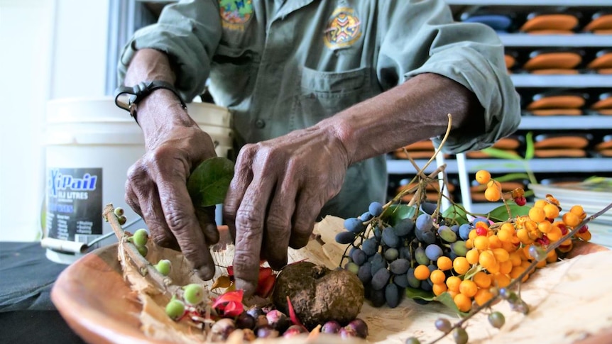 Older Aboriginal lady with wide-brimmed hat arranges native berries on a large wooden platter.