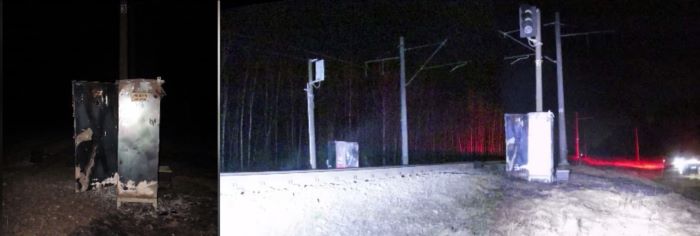 Images show burnt out signal and relay boxes near train lines. 