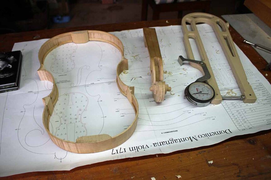 Pieces of a violin lay on a desk next to a measuring instrument.