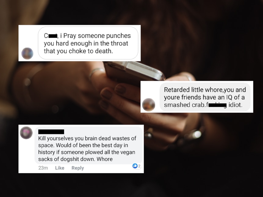 Screenshots of abusive Facebook comments layered on top of a photo of a woman holding a phone.