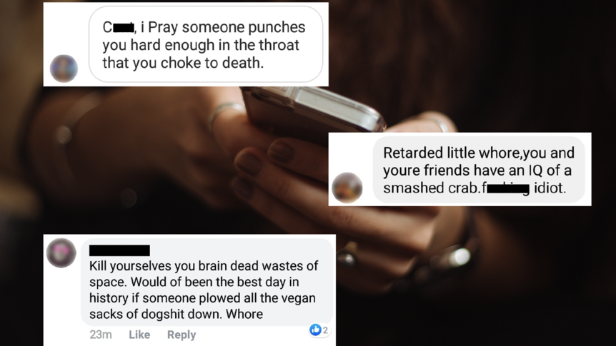 Screenshots of abusive Facebook comments layered on top of a photo of a woman holding a phone.