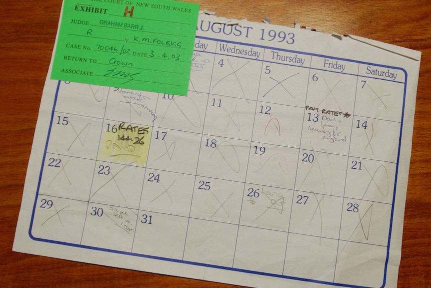 A white and blue calendar dated August 1993 with days crossed out in pencil