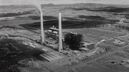 Black and white image of two turbines standing tall at the Liddell power station in 1972.