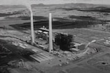 Black and white image of two turbines standing tall at the Liddell power station in 1972.