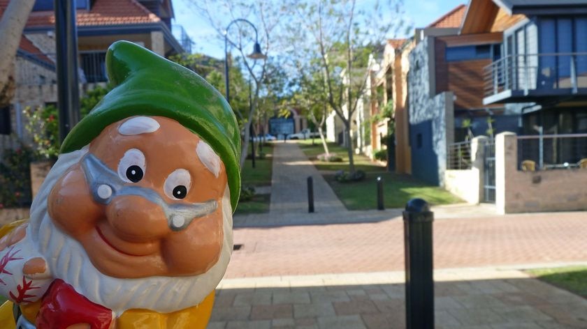 Gnome in street in East Perth with close up of figure in front of houses on hillside