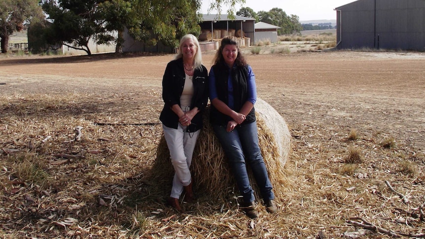 Leslee Holmes and Dahlia Richardson sitting on hay bale at the Badgingarra research station