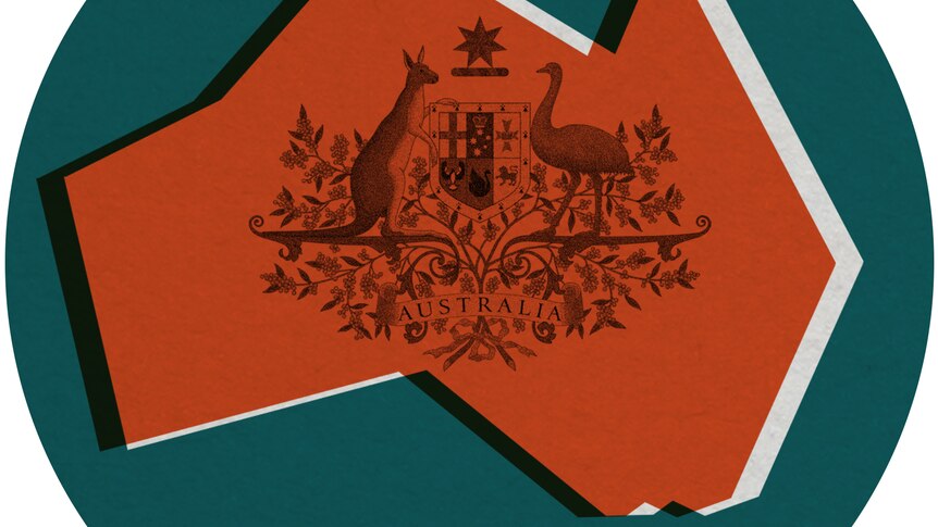 Australia in a green circle with the coat of arms in the centre of the country