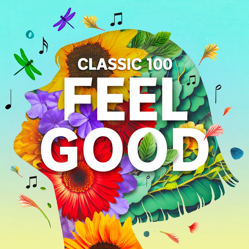 Silhouette of a human head, filled with flowers and the words 'Classic 100 Feel Good'.