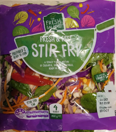 A packet of Fresh Salad Co Fresh and Fast Stir Fry, with the label visible.