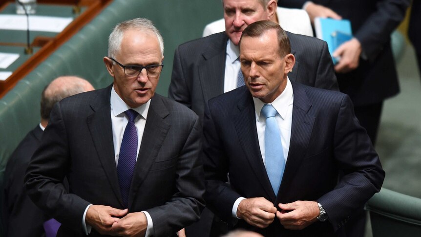 Prime Minister Tony Abbott speaks to Communications Minister Malcolm Turnbull