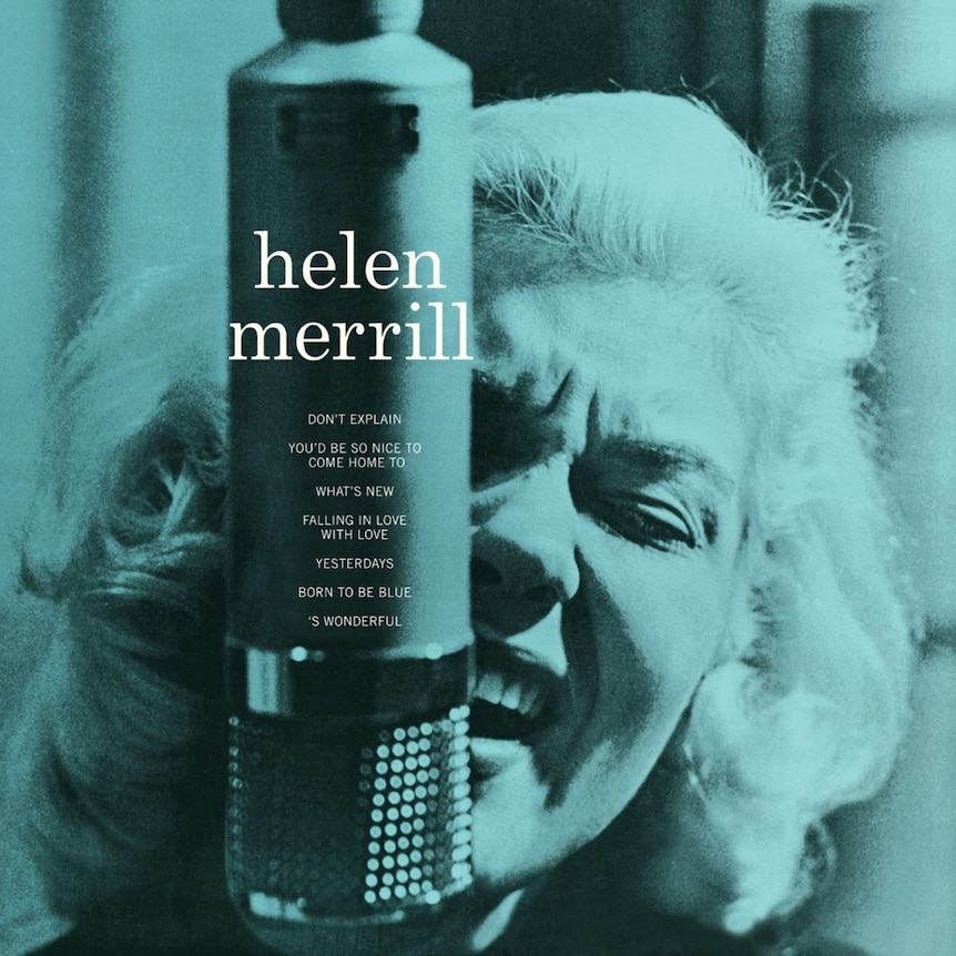 Helen Merrill singing into a vintage microphone on the cover of her self-titled album.