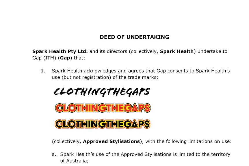 A document that features an agreement between Clothing The Gap and US Gap Inc to change their branding to 'Clothing The Gaps'.