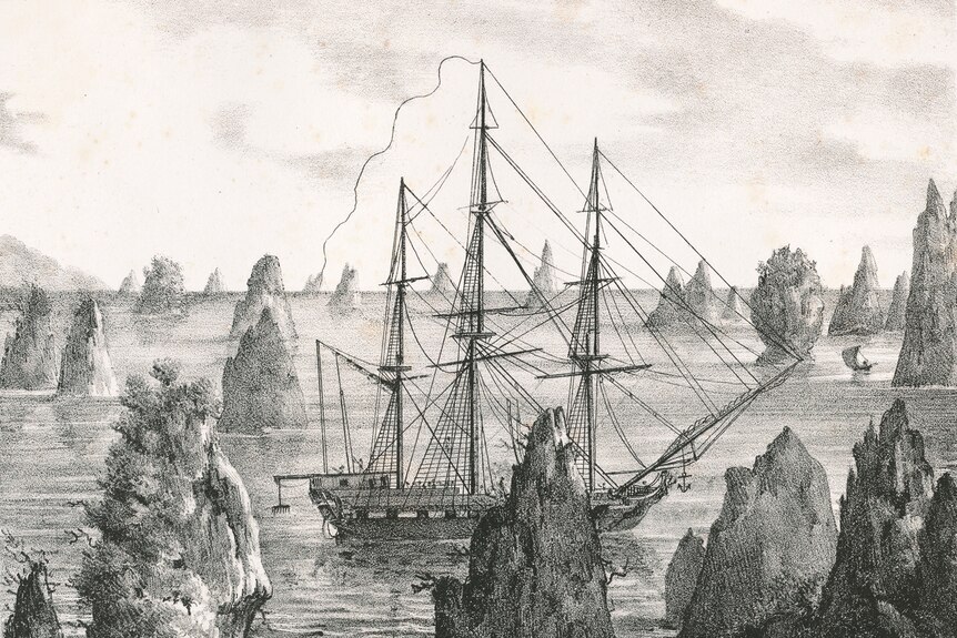 A black and white sketch of an eighteenth century sail boat, navigating through treacherous rocks and cliffs.