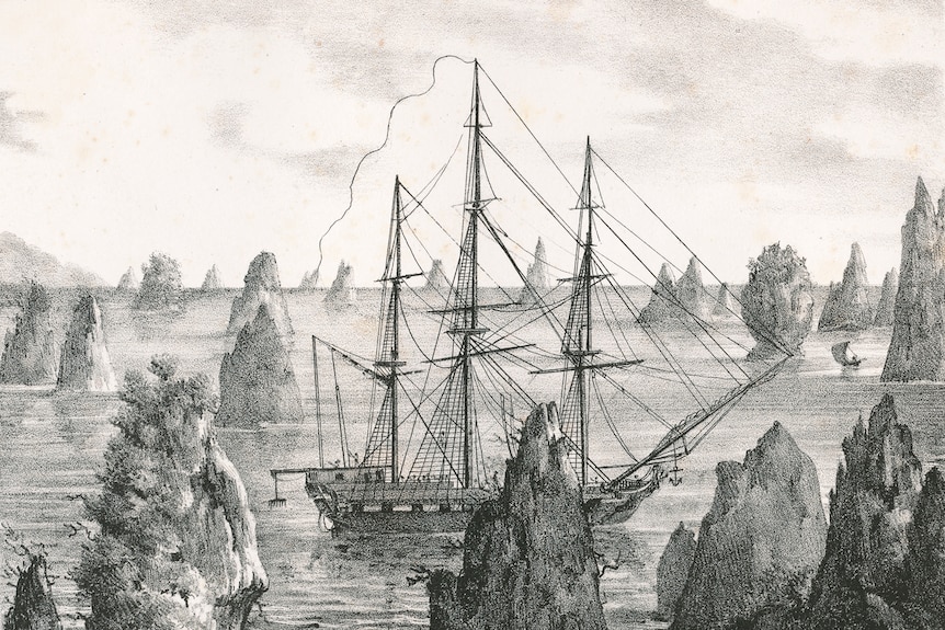A black and white sketch of an eighteenth century sail boat, navigating through treacherous rocks and cliffs.