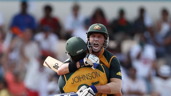 Hussey helped Australia pile on 57 runs in the final three overs for its most famous Twenty20 victory.