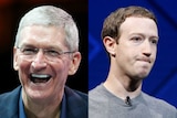 A composite image of Tim Cook and Mark Zuckerberg
