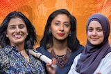 A stylised photo featuring headshots of Aish Ravi, Molina Asthana and Assmaah Helal on an orange background
