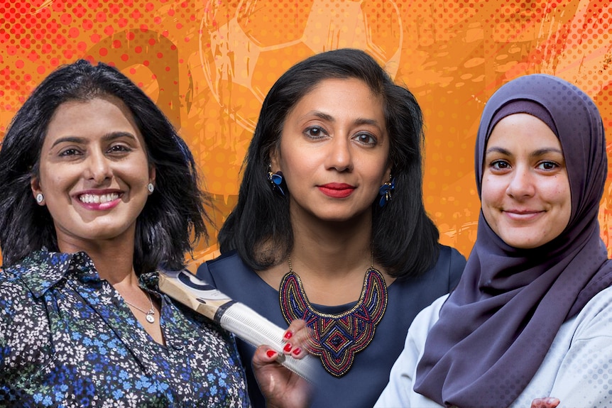 A stylised photo featuring headshots of Aish Ravi, Molina Asthana and Assmaah Helal on an orange background