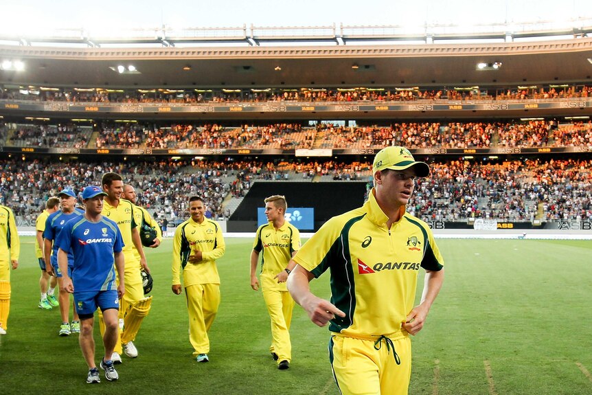 Steve Smith walks dejectedly off the pitch