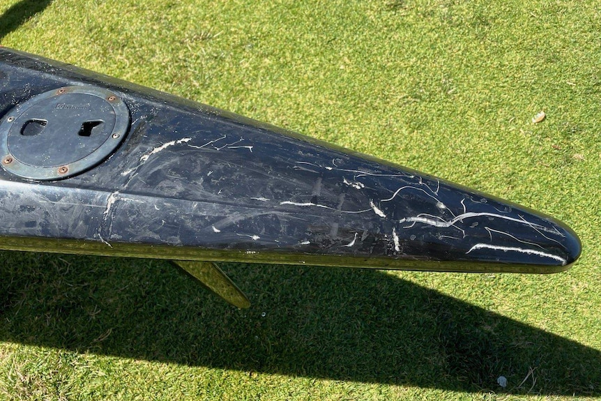 The back of a surf ski, showing shark bike-shaped tears in the black paint, revealing silver underneath.