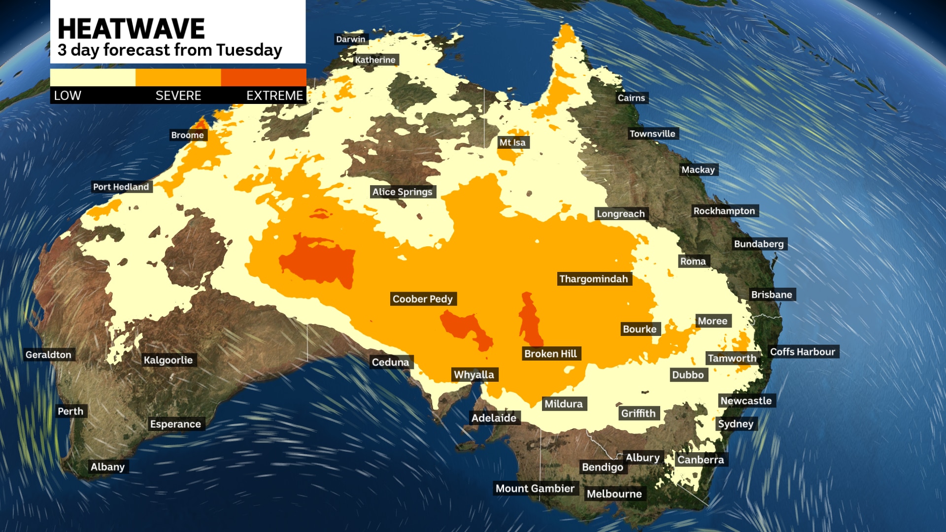 a graph map of australia showing forecast heatwave from Tuesday November 5