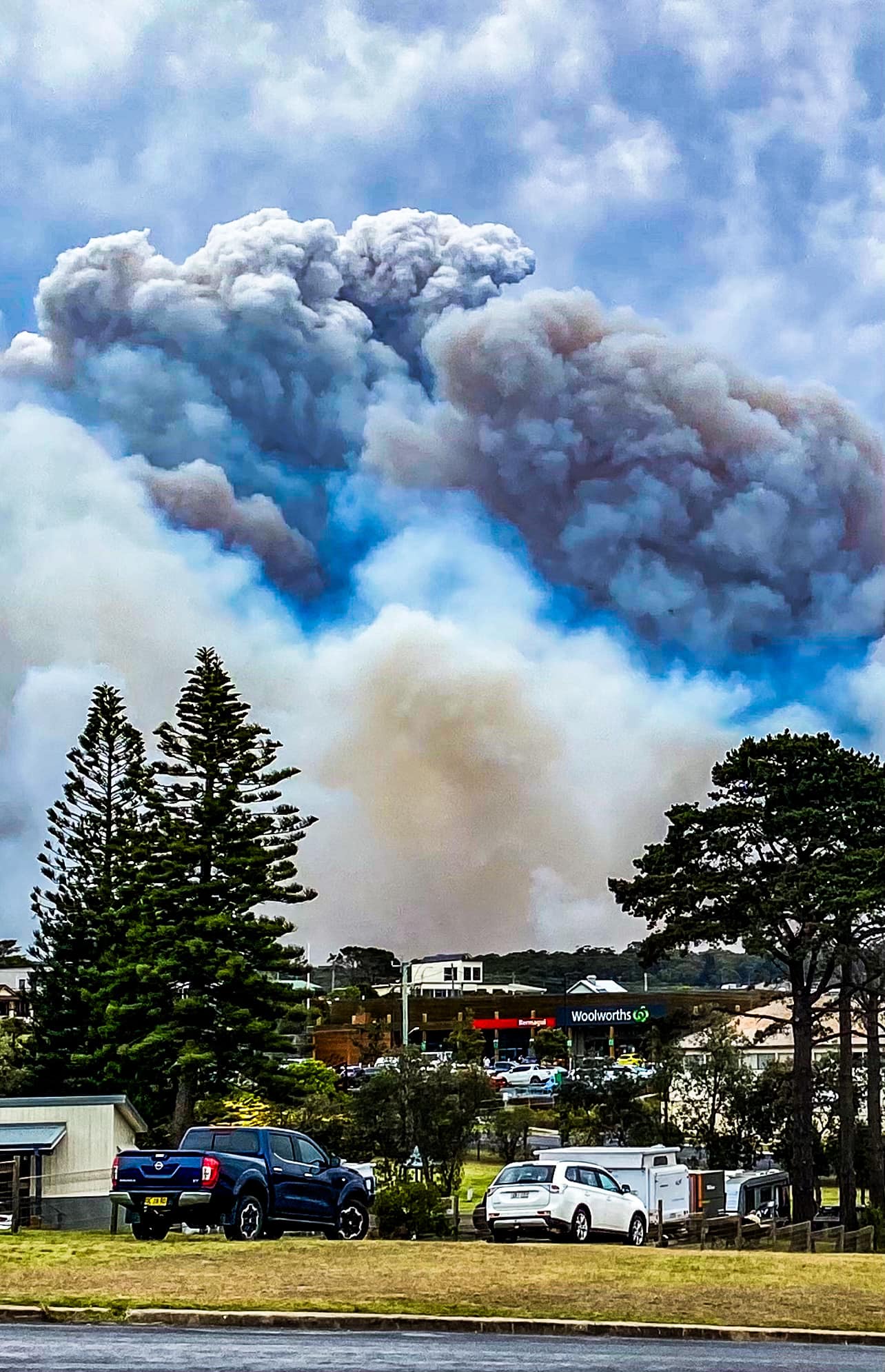 Tall plumes of white and dark blue smoke seen rising above houses and trees on top of a hill at Bermagui in NSW