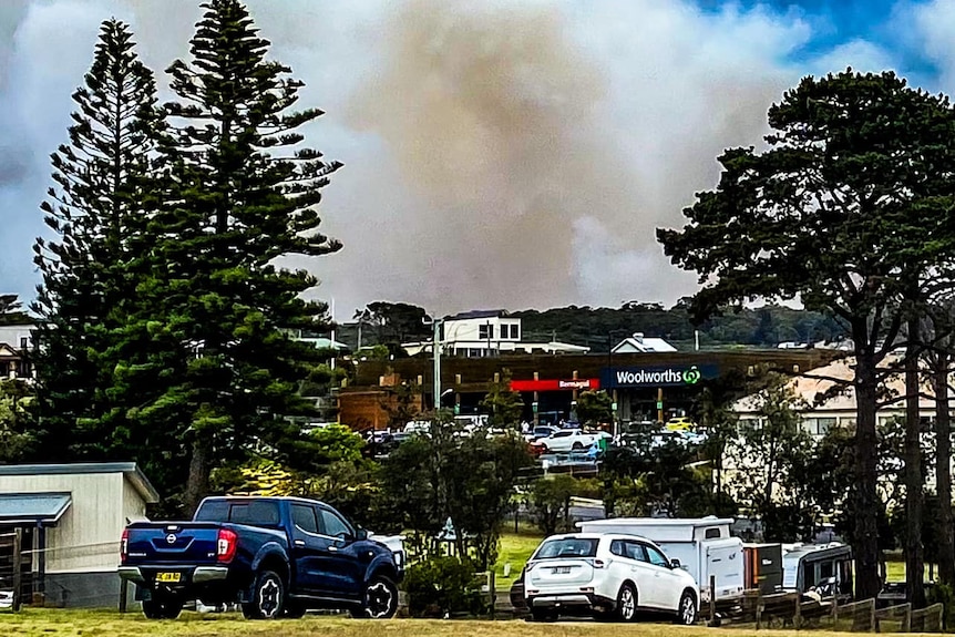 Tall plumes of white and dark blue smoke seen rising above houses and trees on top of a hill at Bermagui in NSW